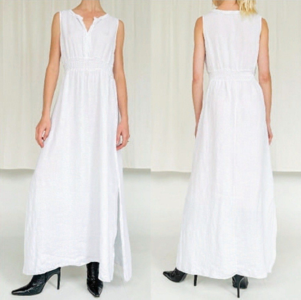 TERZO MILLENNIO 100% Linen White Maxi Dress Crochet Trim Beach Cover Up Italy L